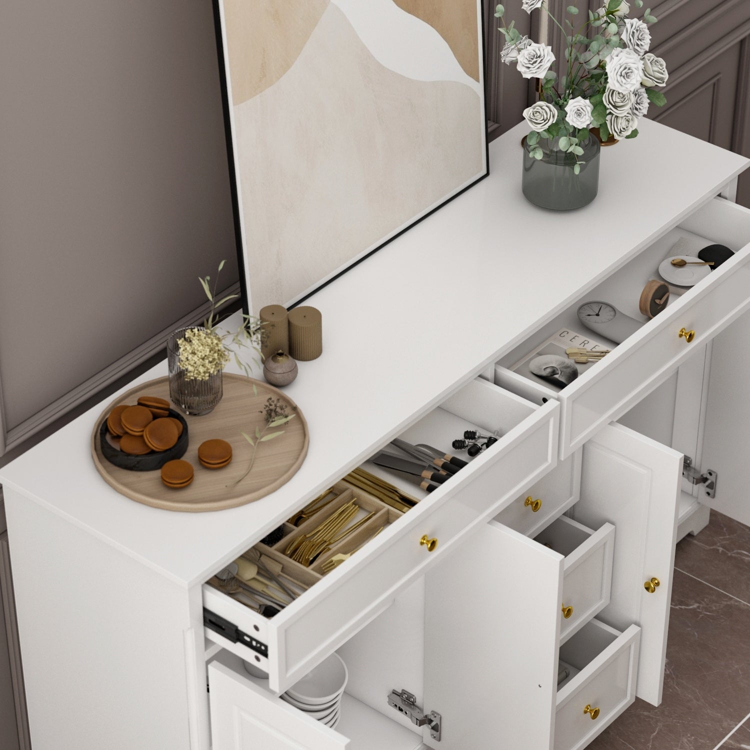 Buffet blanc laqué de 59,1 pouces, style contemporain et moderne du milieu du siècle