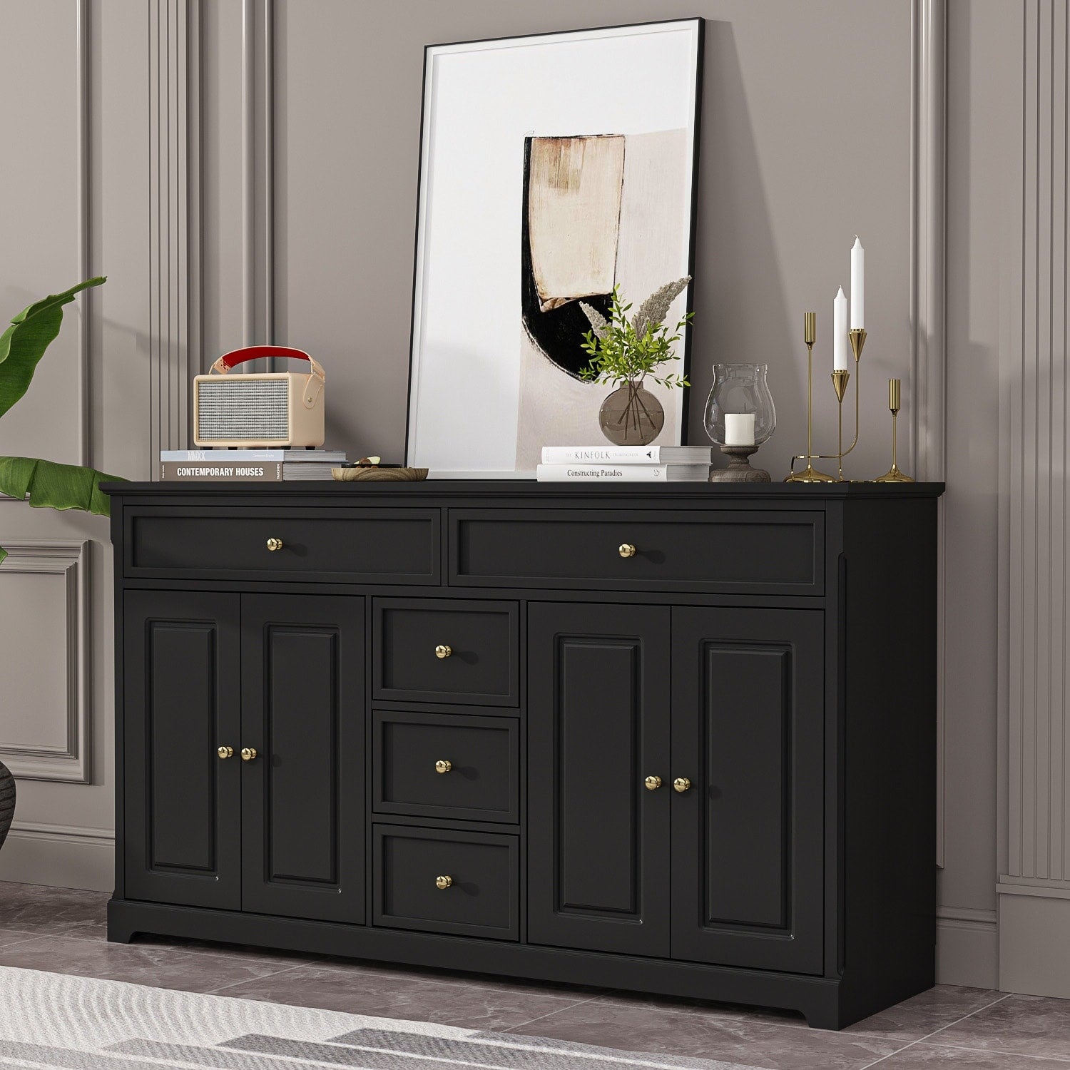 Buffet blanc laqué de 59,1 pouces, style contemporain et moderne du milieu du siècle