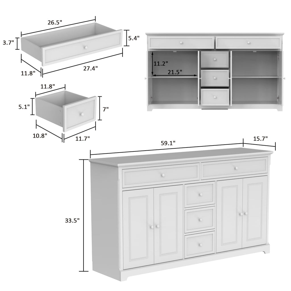 Buffet blanc laqué de 59,1 pouces, style contemporain et moderne du milieu du siècle