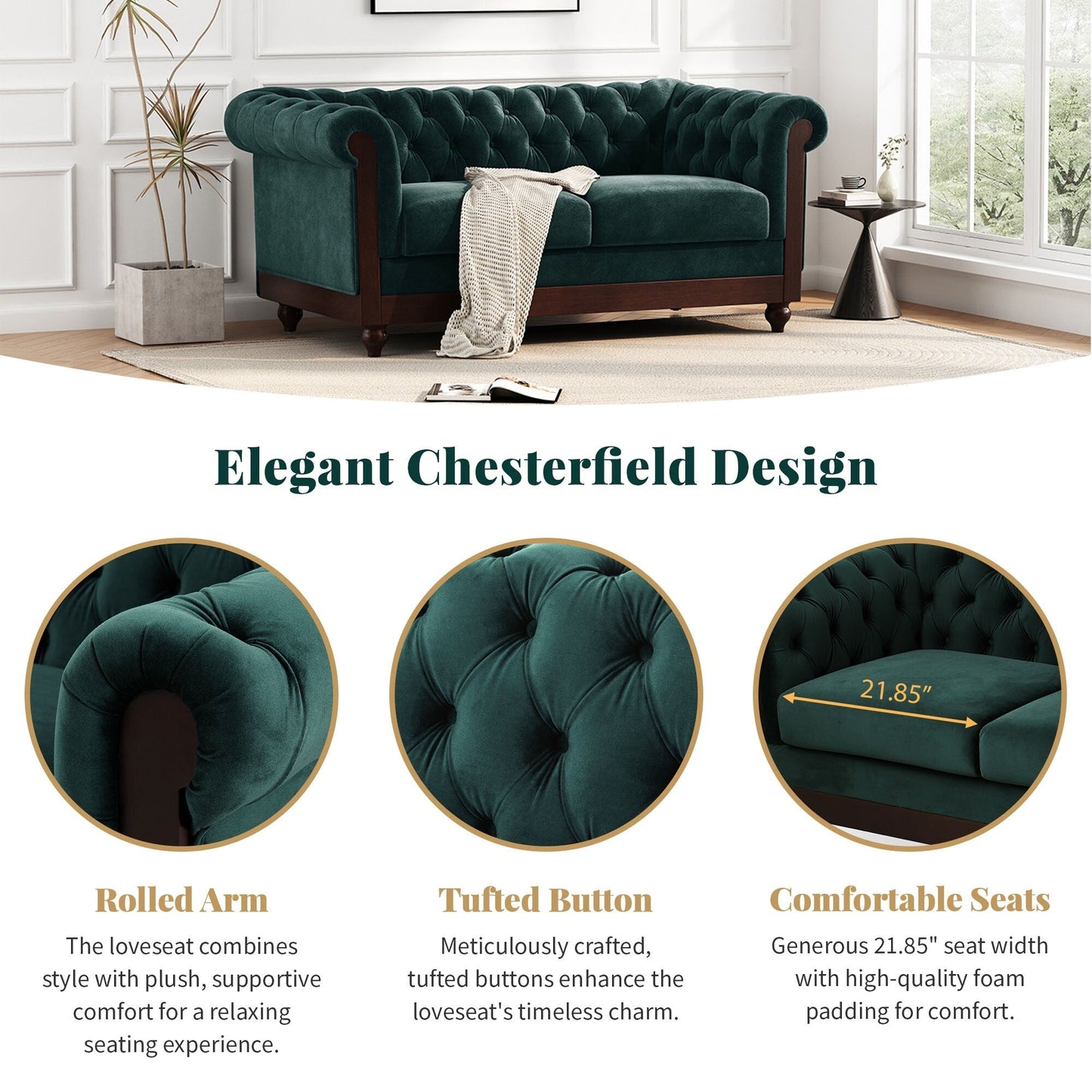 Canapé Chesterfield en velours 59,44 po avec accoudoirs roulés, dossier capitonné et capacité de 600 lb
