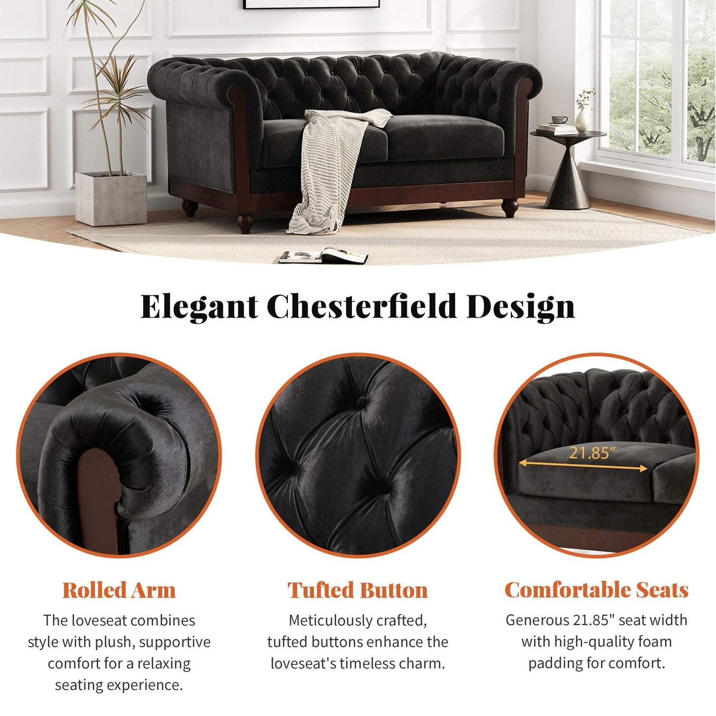 Canapé Chesterfield en velours 59,44 po avec accoudoirs roulés, dossier capitonné et capacité de 600 lb