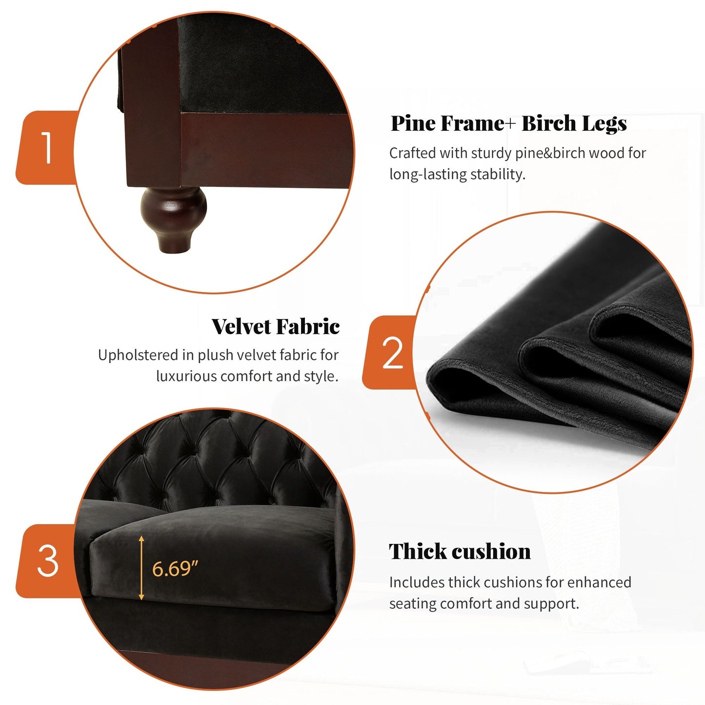 Canapé Chesterfield en velours 59,44 po avec accoudoirs roulés, dossier capitonné et capacité de 600 lb
