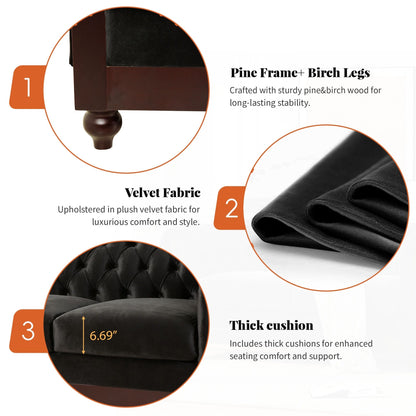 Canapé Chesterfield en velours 59,44 po avec accoudoirs roulés, dossier capitonné et capacité de 600 lb
