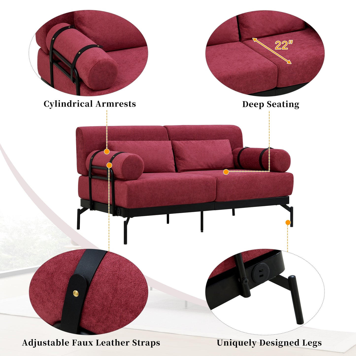 Canapé causeuse moderne en chenille de 59 po avec ports de chargement USB, accoudoirs cylindriques et capacité de charge de 440 lb