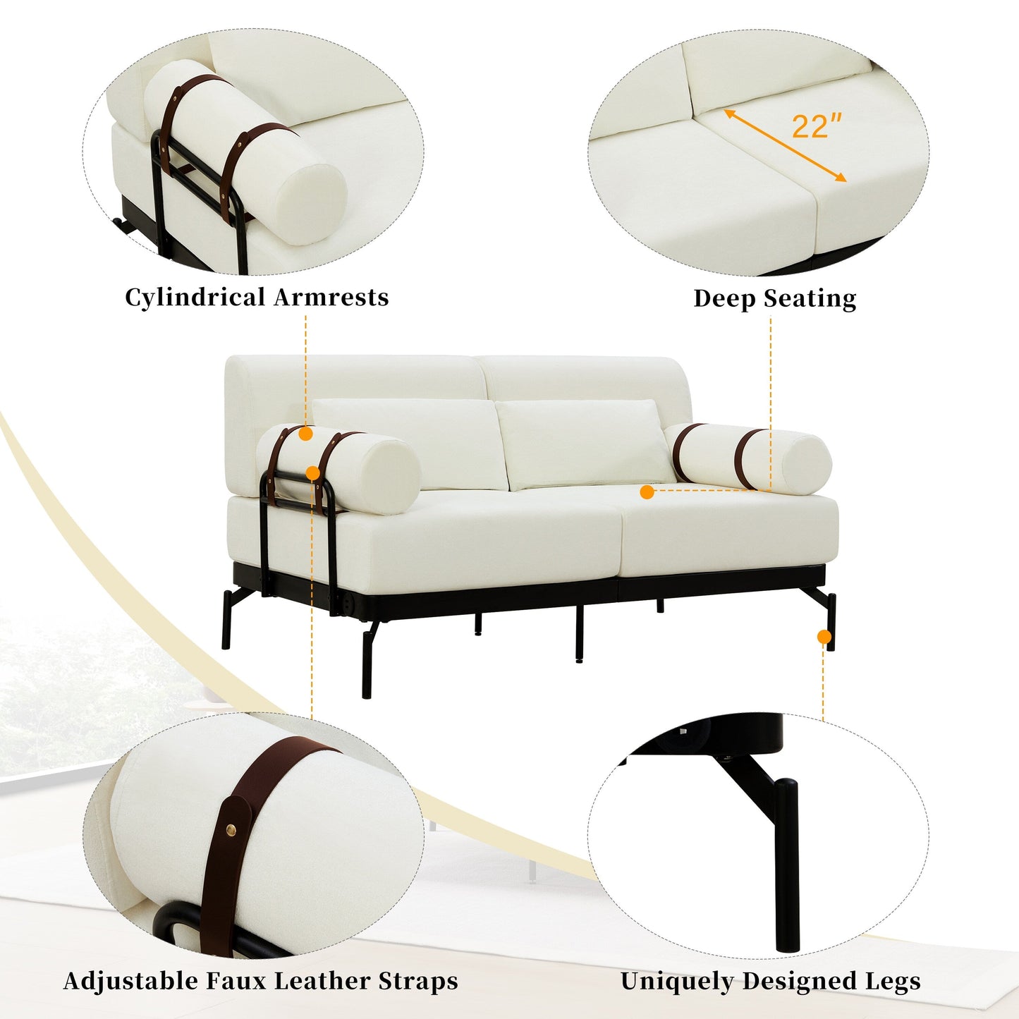 Canapé causeuse moderne en chenille de 59 po avec ports de chargement USB, accoudoirs cylindriques et capacité de charge de 440 lb