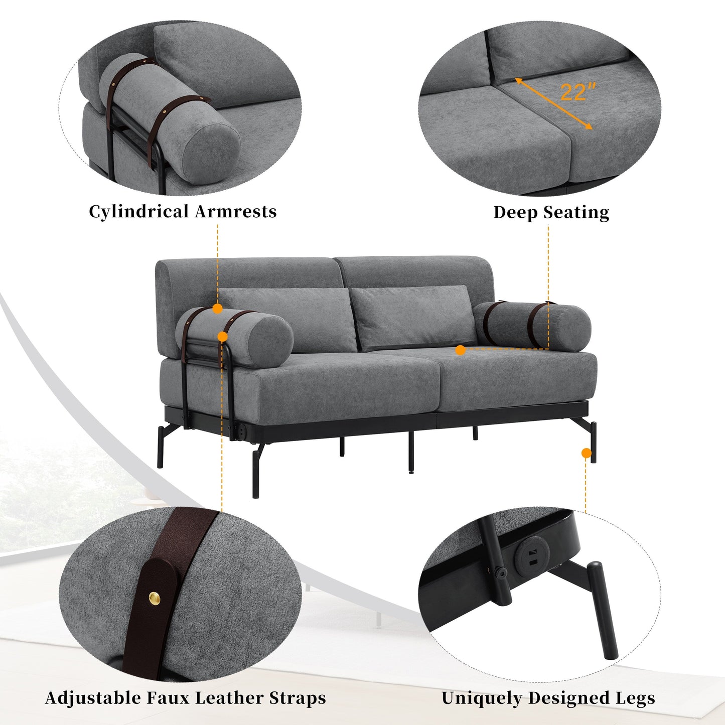 Canapé causeuse moderne en chenille de 59 po avec ports de chargement USB, accoudoirs cylindriques et capacité de charge de 440 lb