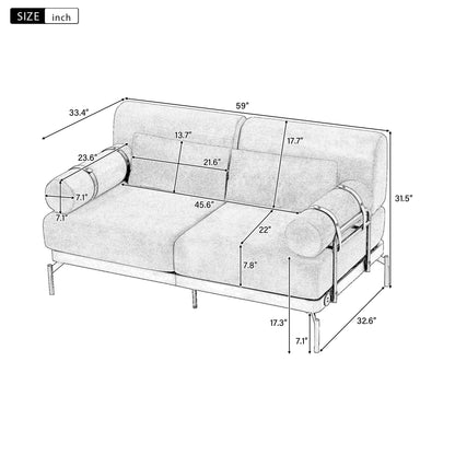 Canapé causeuse moderne en chenille de 59 po avec ports de chargement USB, accoudoirs cylindriques et capacité de charge de 440 lb