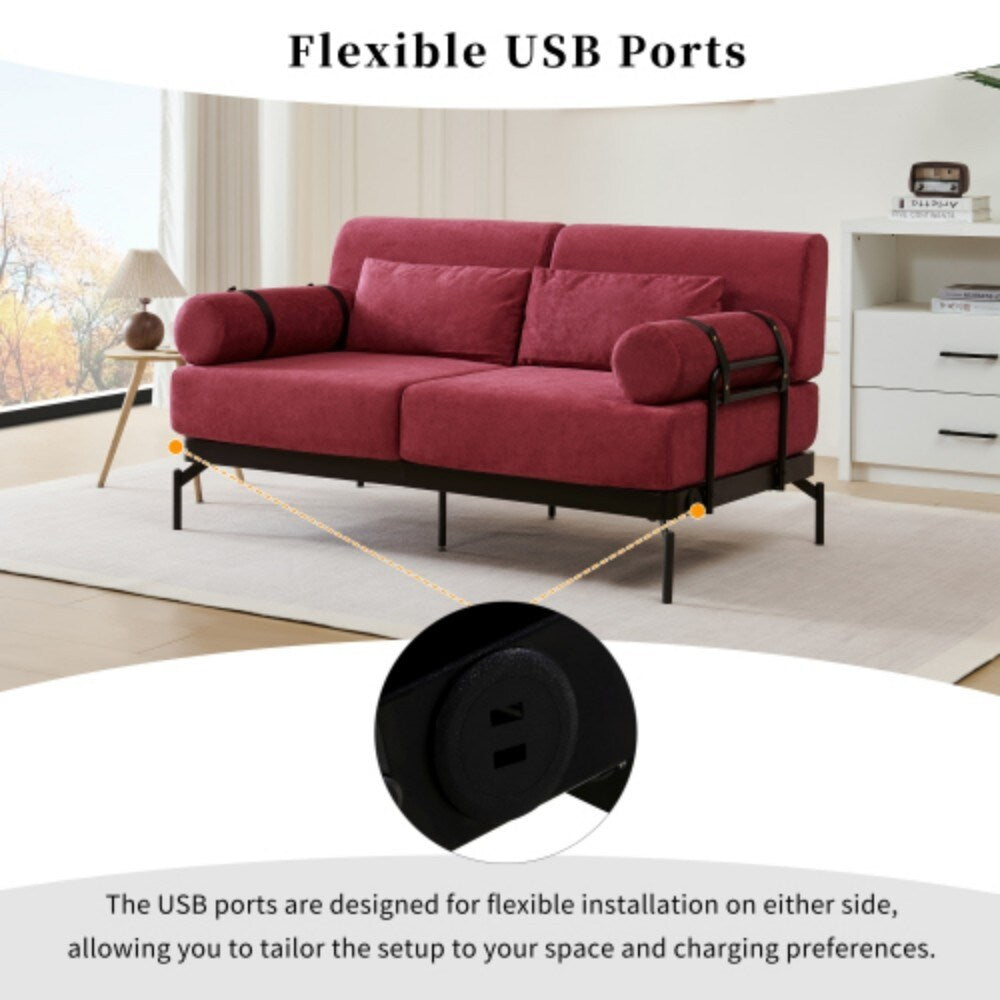 Canapé 2 places moderne avec ports USB flexibles et accoudoirs cylindriques