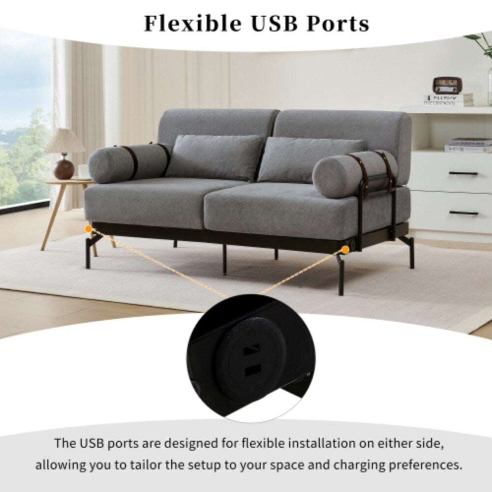 Canapé 2 places moderne avec ports USB flexibles et accoudoirs cylindriques
