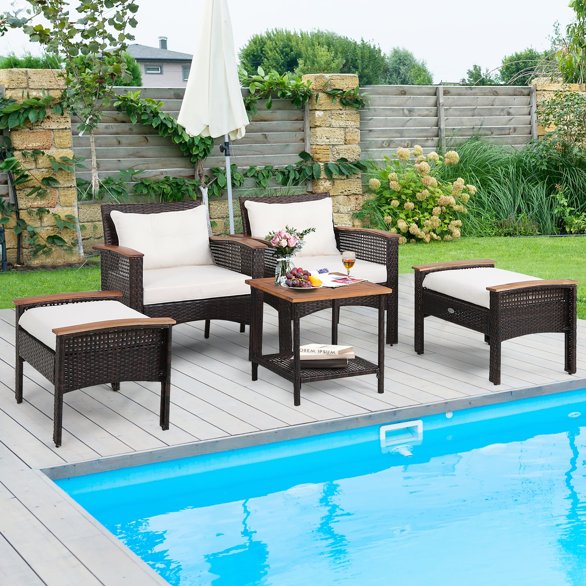 Ensemble de meubles de patio en rotin 5 pièces, table en bois d'acacia, accoudoirs, coussins, cour