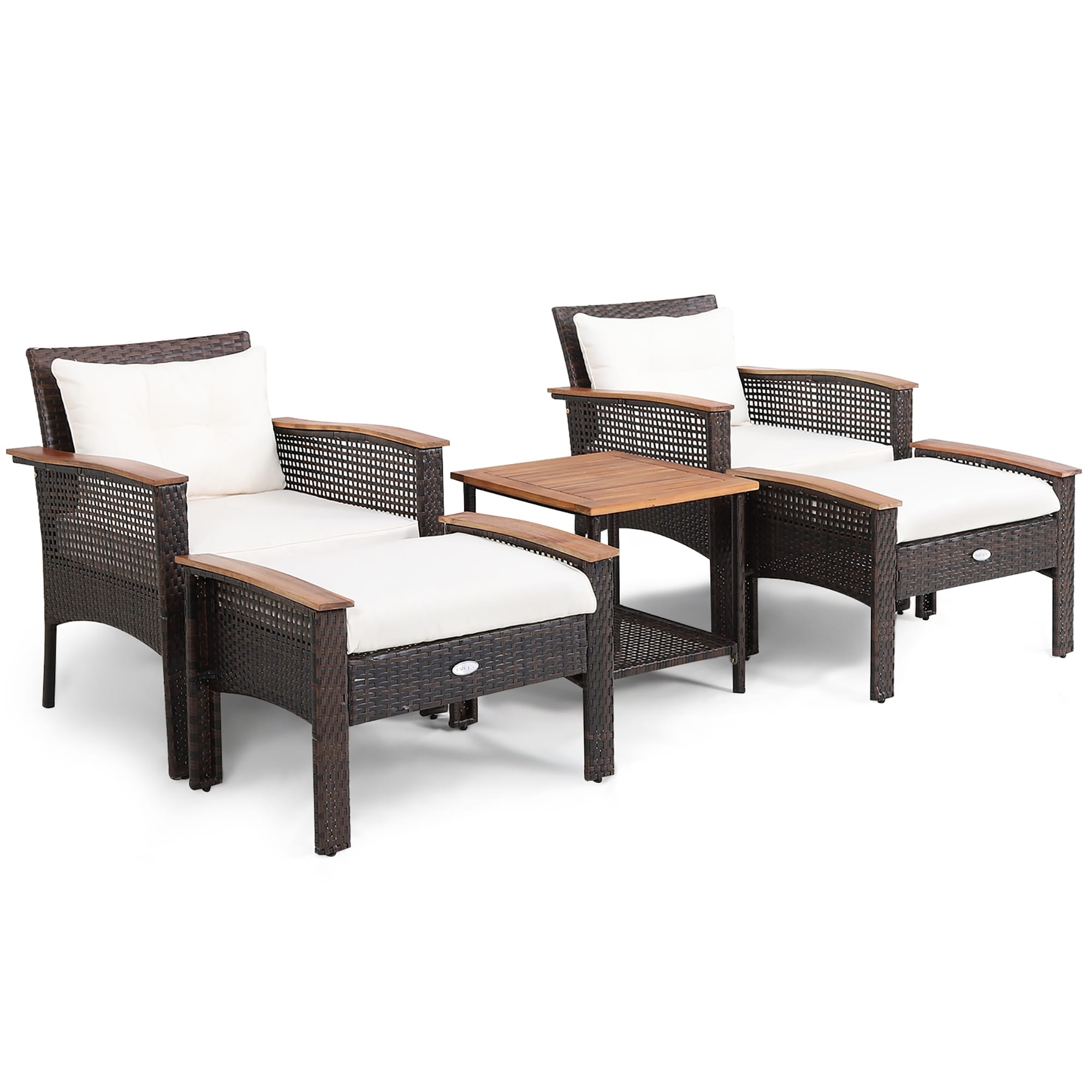 Ensemble de meubles de patio en rotin 5 pièces, table en bois d'acacia, accoudoirs, coussins, cour
