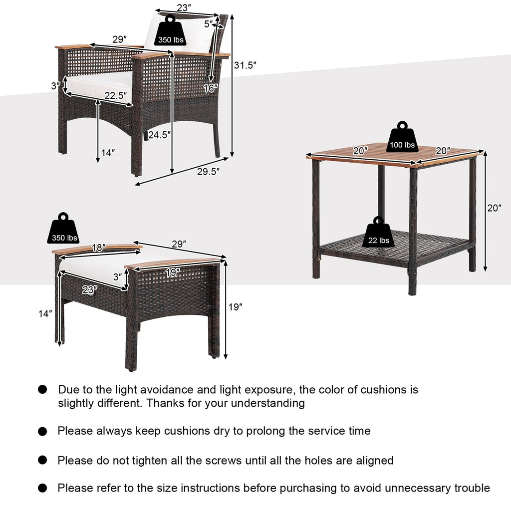Ensemble de meubles de patio en rotin 5 pièces, table en bois d'acacia, accoudoirs, coussins, cour