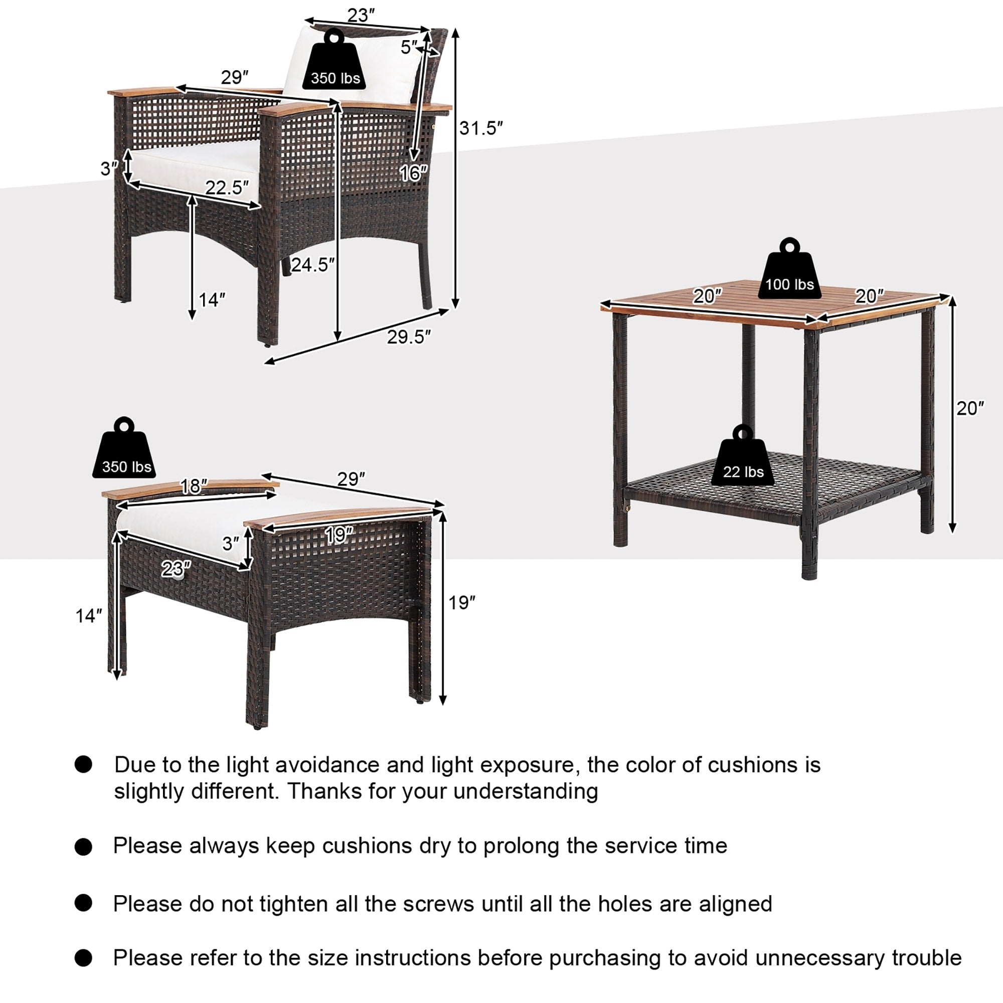 Ensemble de meubles de patio en rotin 5 pièces, table en bois d'acacia, accoudoirs, coussins, cour