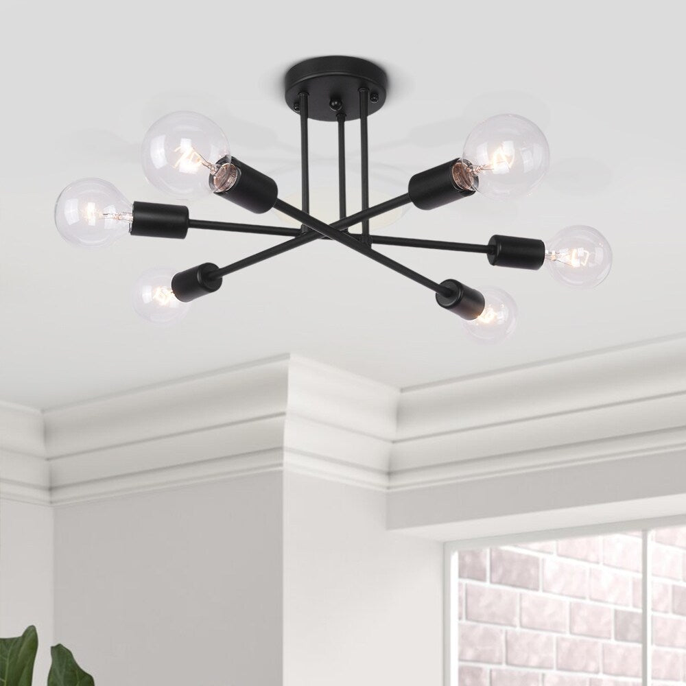Plafonnier semi-encastré moderne en métal noir Sputnik à 6 lampes