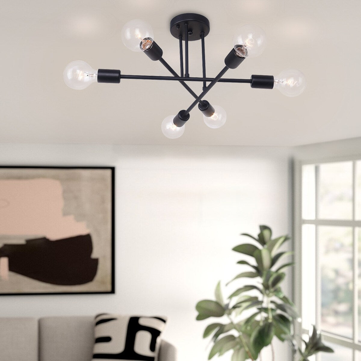 Plafonnier semi-encastré moderne en métal noir Sputnik à 6 lampes