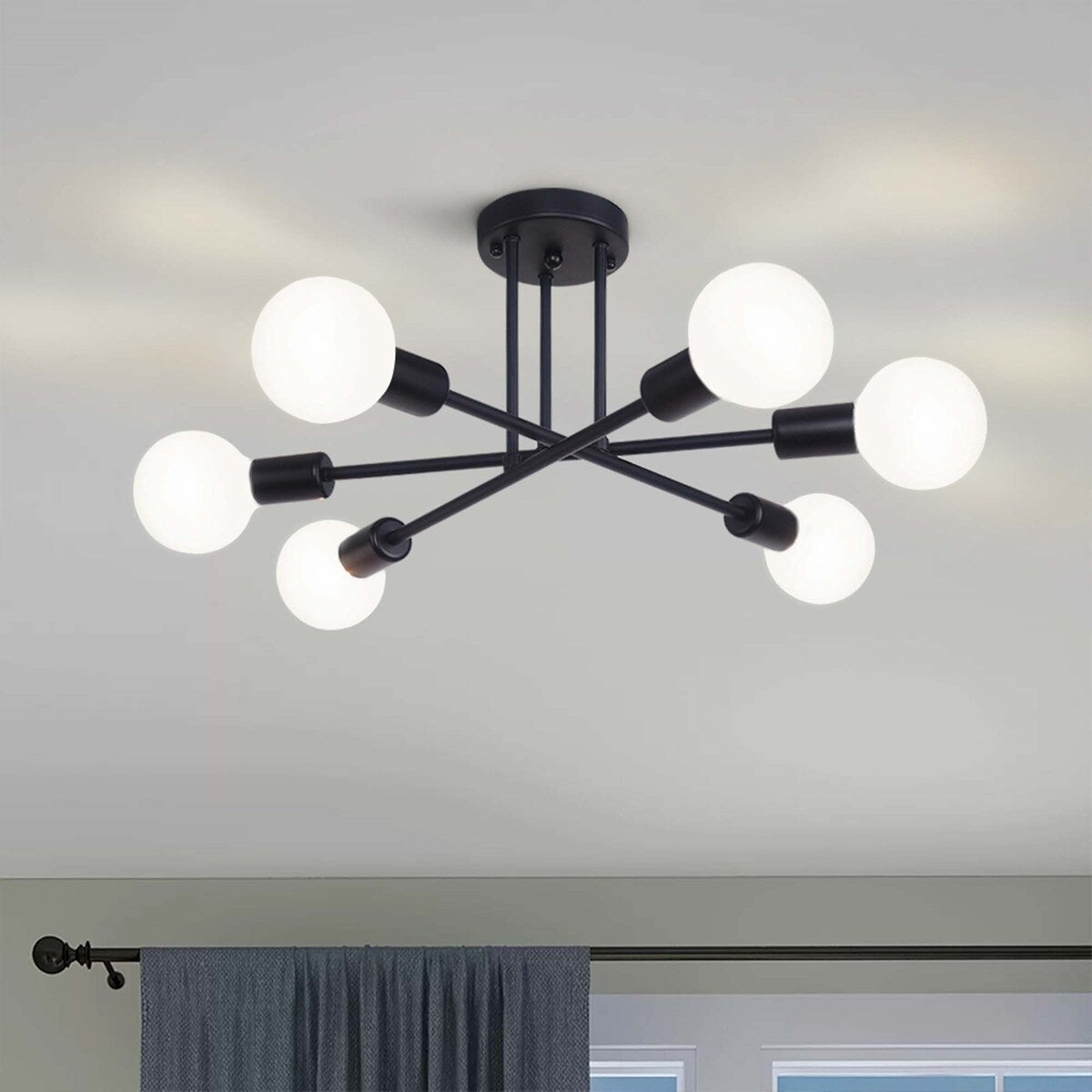 Plafonnier semi-encastré moderne en métal noir Sputnik à 6 lampes