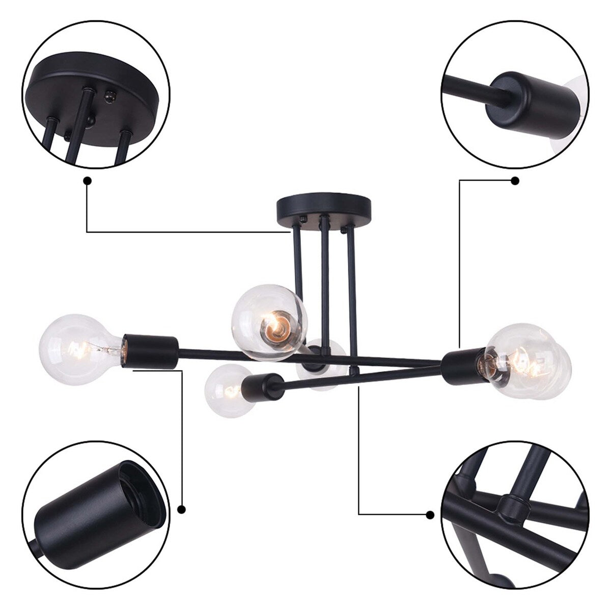 Plafonnier semi-encastré moderne en métal noir Sputnik à 6 lampes