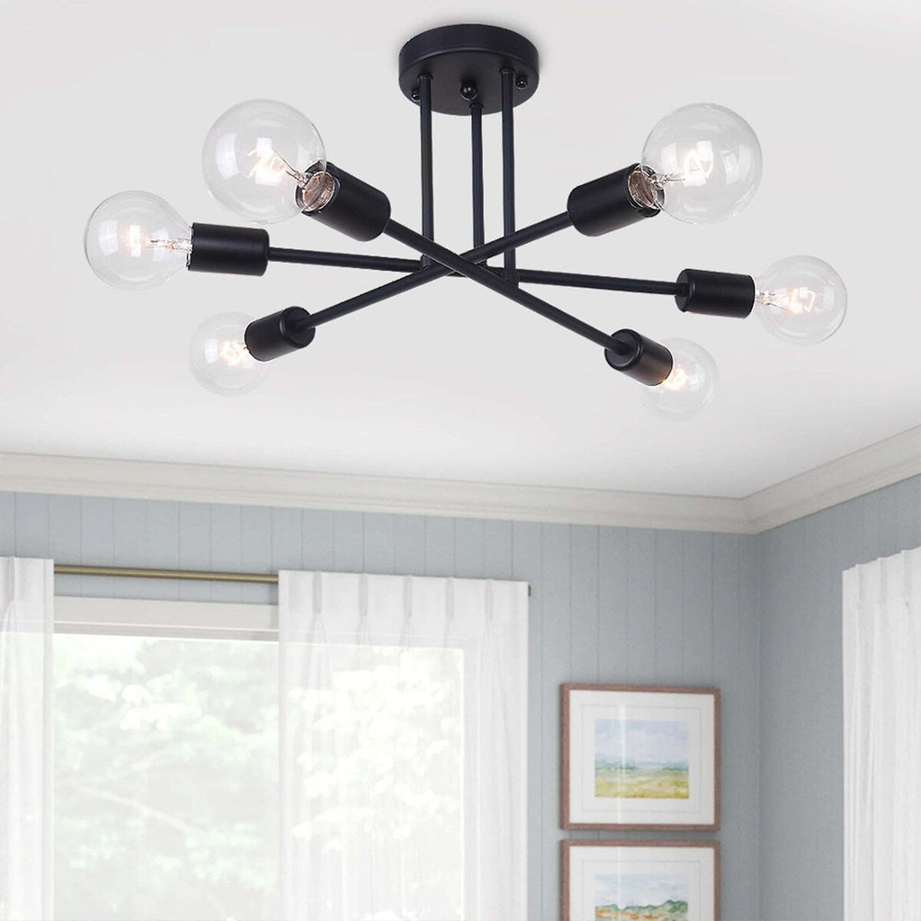 Plafonnier semi-encastré moderne en métal noir Sputnik à 6 lampes