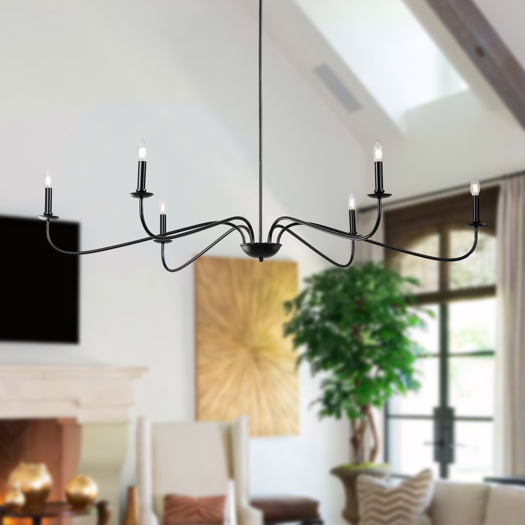Lustre minimaliste à 6 lumières de 64 pouces, noir mat, or et chrome - N/A