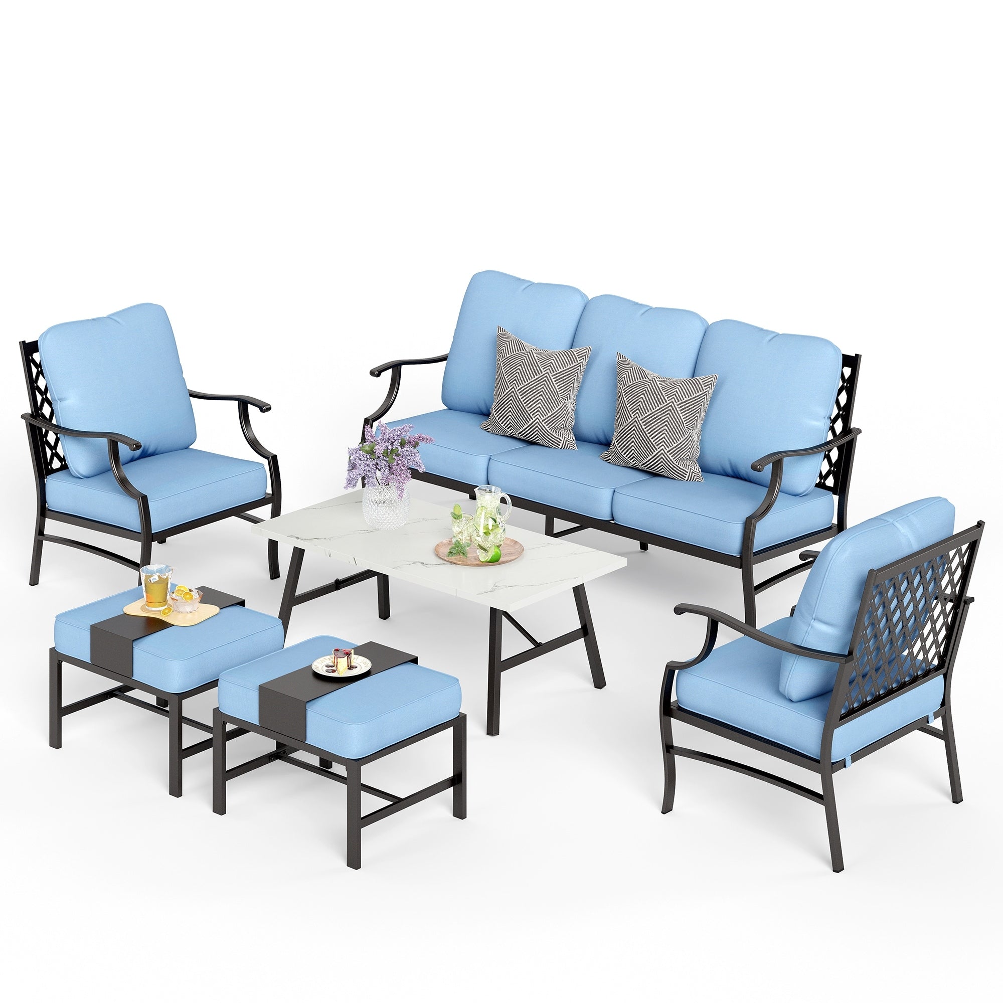 Ensemble de salon de jardin MAISON ARTS 6/7 pièces, canapé avec 2/4 chaises simples, 1 canapé 3 places et table basse/poufs