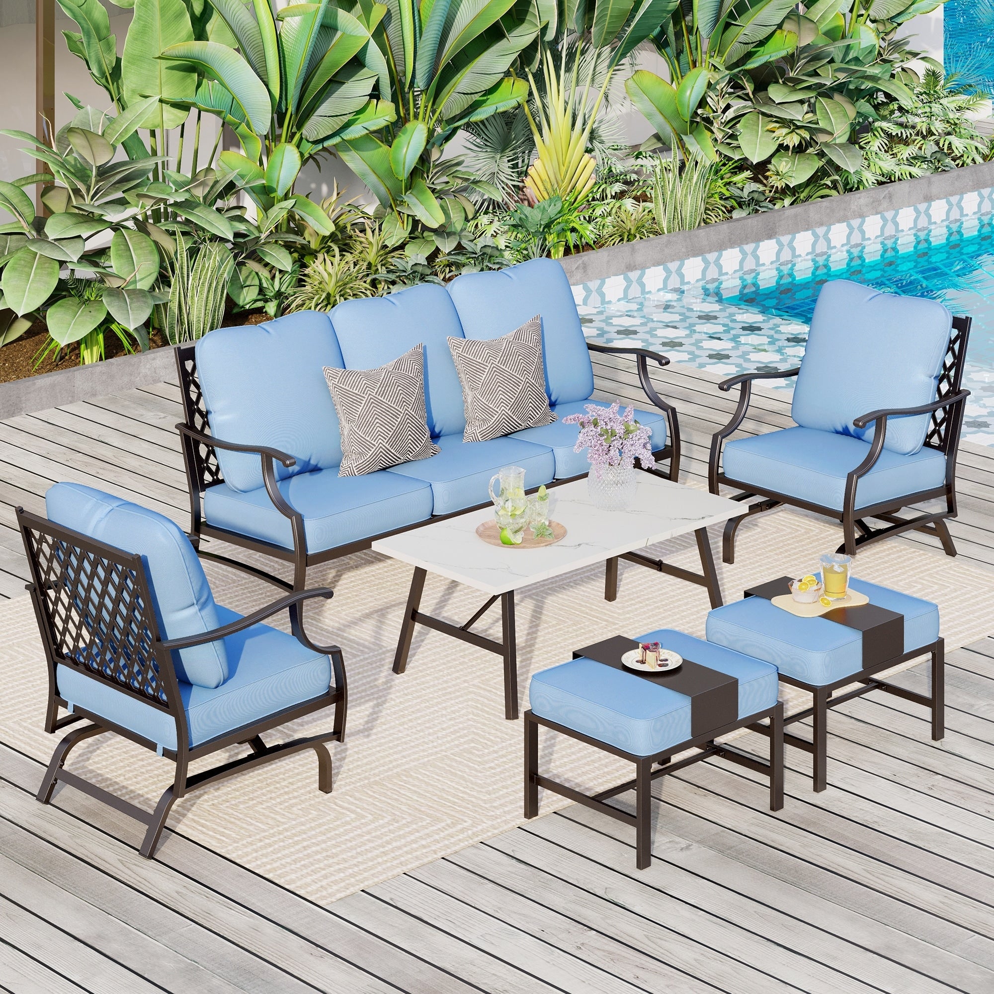Ensemble de salon de jardin MAISON ARTS 6/7 pièces, canapé avec 2/4 chaises simples, 1 canapé 3 places et table basse/poufs