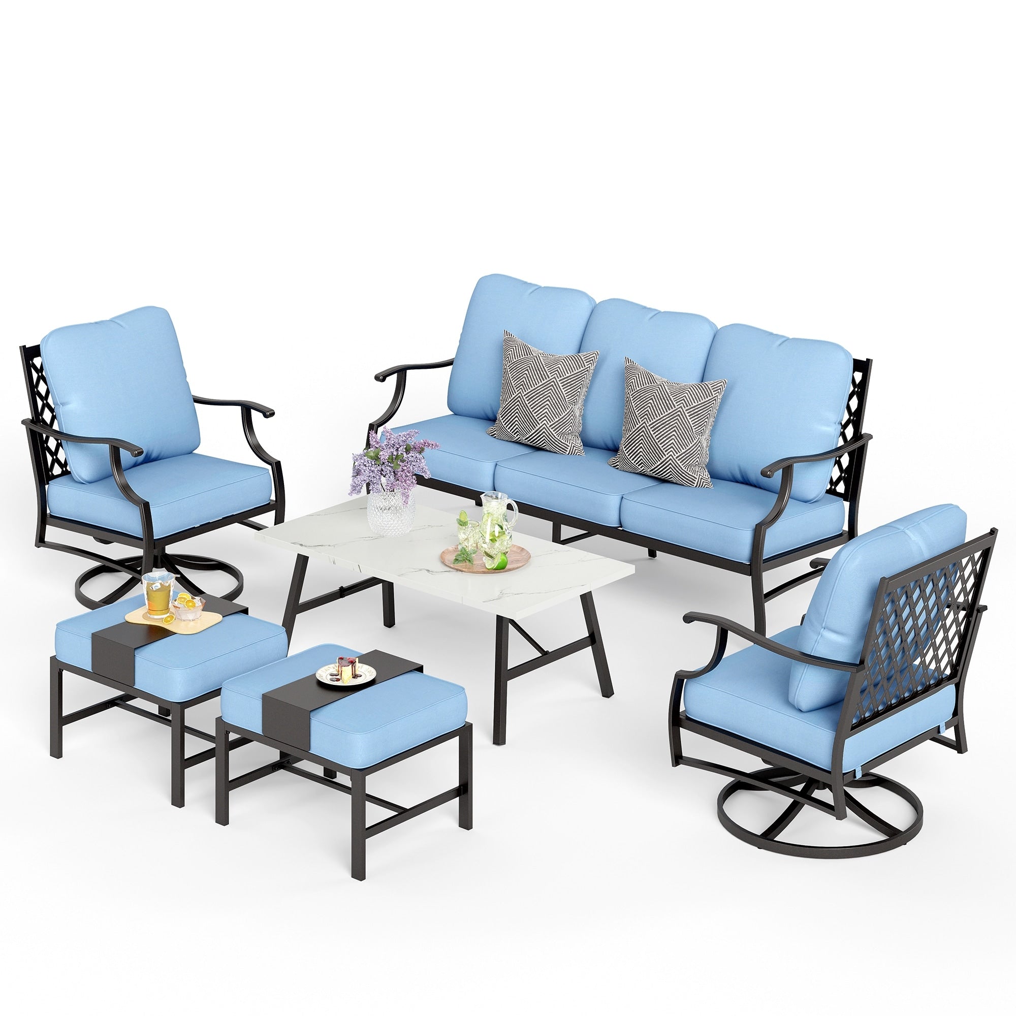 Ensemble de salon de jardin MAISON ARTS 6/7 pièces, canapé avec 2/4 chaises simples, 1 canapé 3 places et table basse/poufs