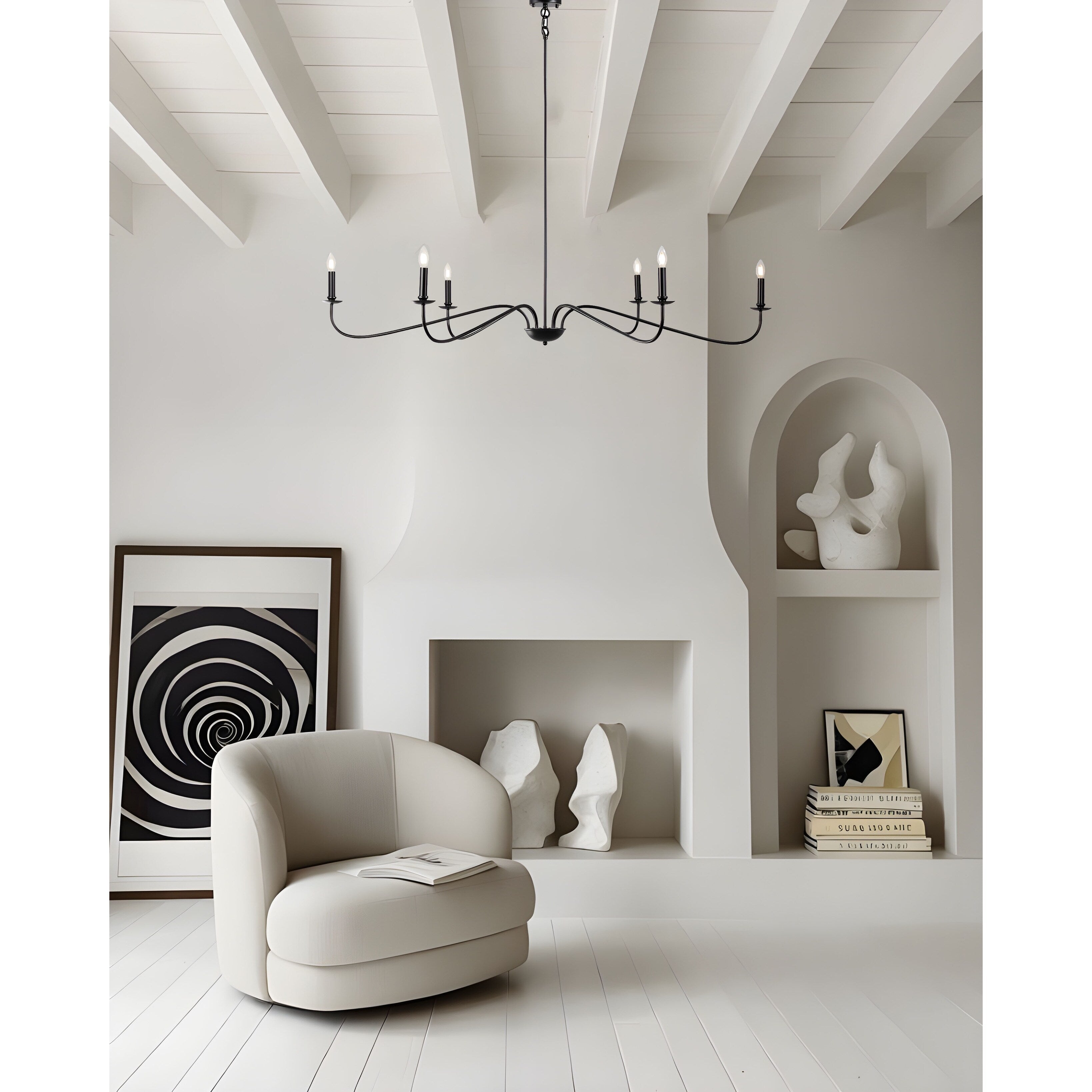 Lustre minimaliste à 6 lumières de 64 pouces, noir mat, or et chrome - N/A
