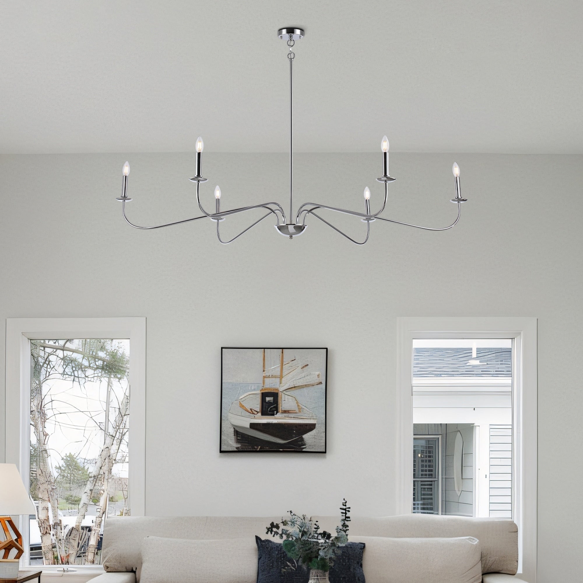 Lustre minimaliste à 6 lumières de 64 pouces, noir mat, or et chrome - N/A