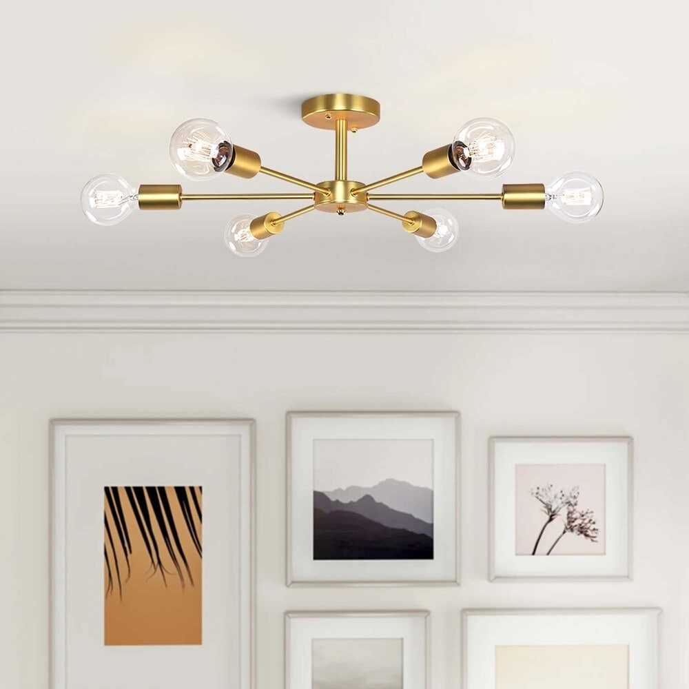 Plafonnier semi-encastré linéaire Sputnik industriel moderne à 6 lampes, à intensité variable