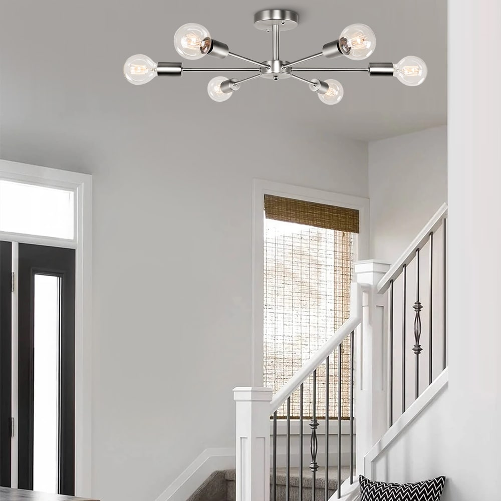 Plafonnier semi-encastré linéaire Sputnik industriel moderne à 6 lampes, à intensité variable