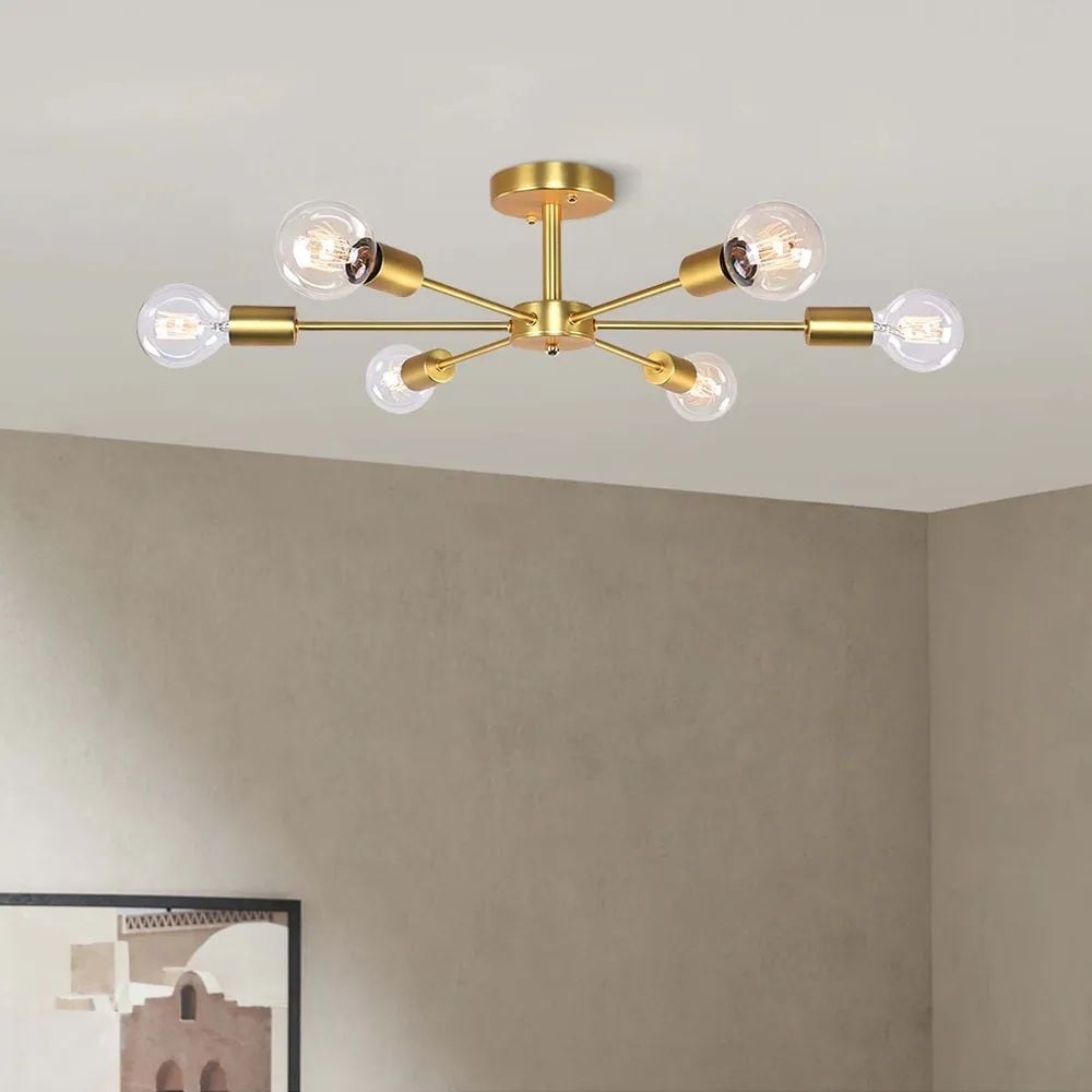 Plafonnier semi-encastré linéaire Sputnik industriel moderne à 6 lampes, à intensité variable