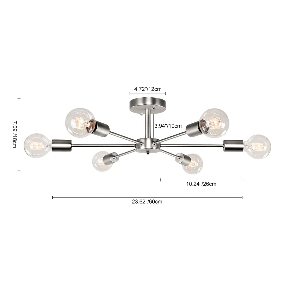 Plafonnier semi-encastré linéaire Sputnik industriel moderne à 6 lampes, à intensité variable