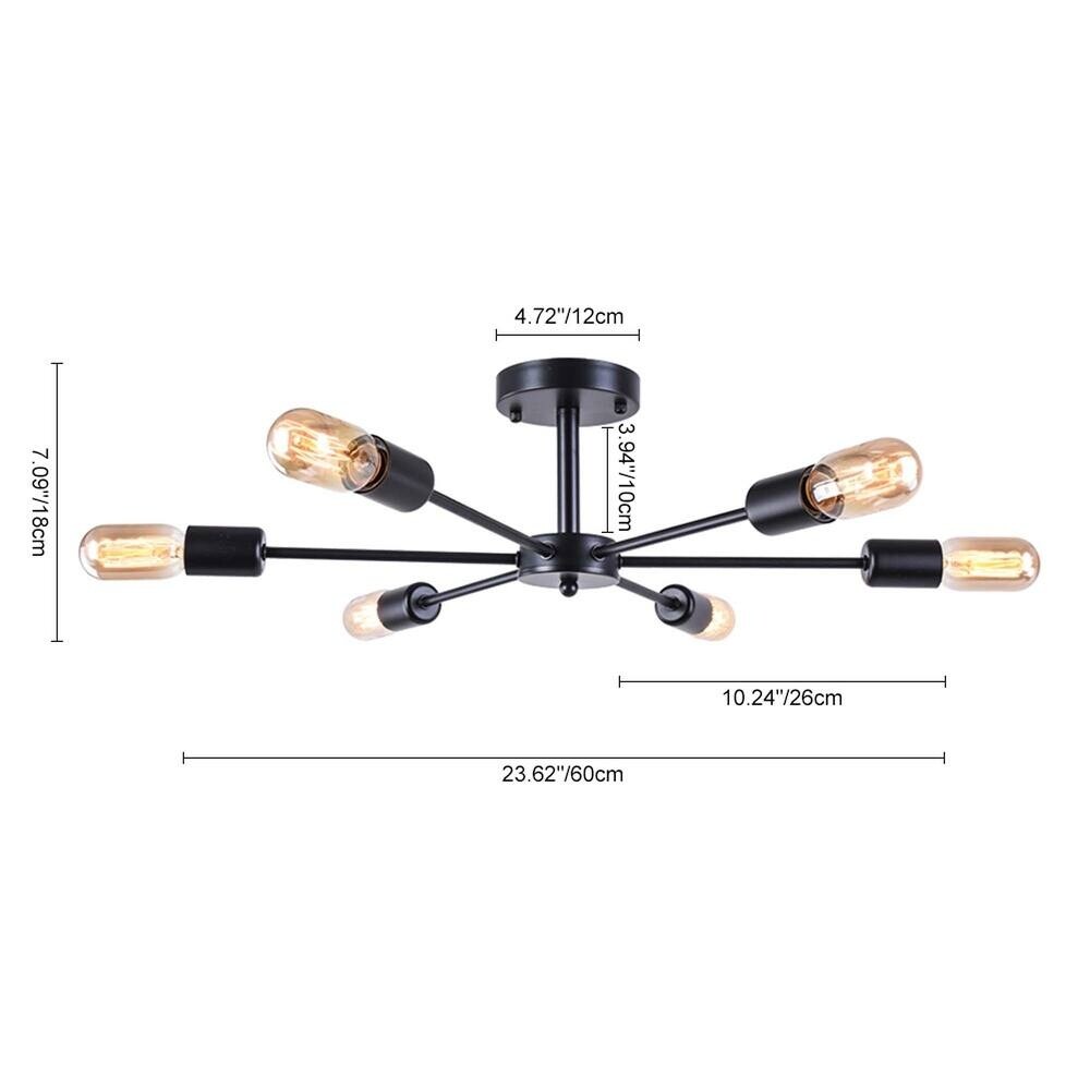 Plafonnier semi-encastré linéaire Sputnik industriel moderne à 6 lampes, à intensité variable