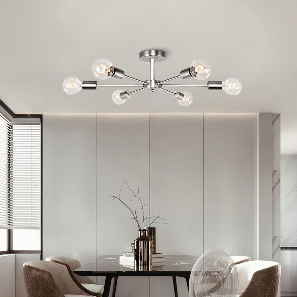 Plafonnier semi-encastré linéaire Sputnik industriel moderne à 6 lampes, à intensité variable