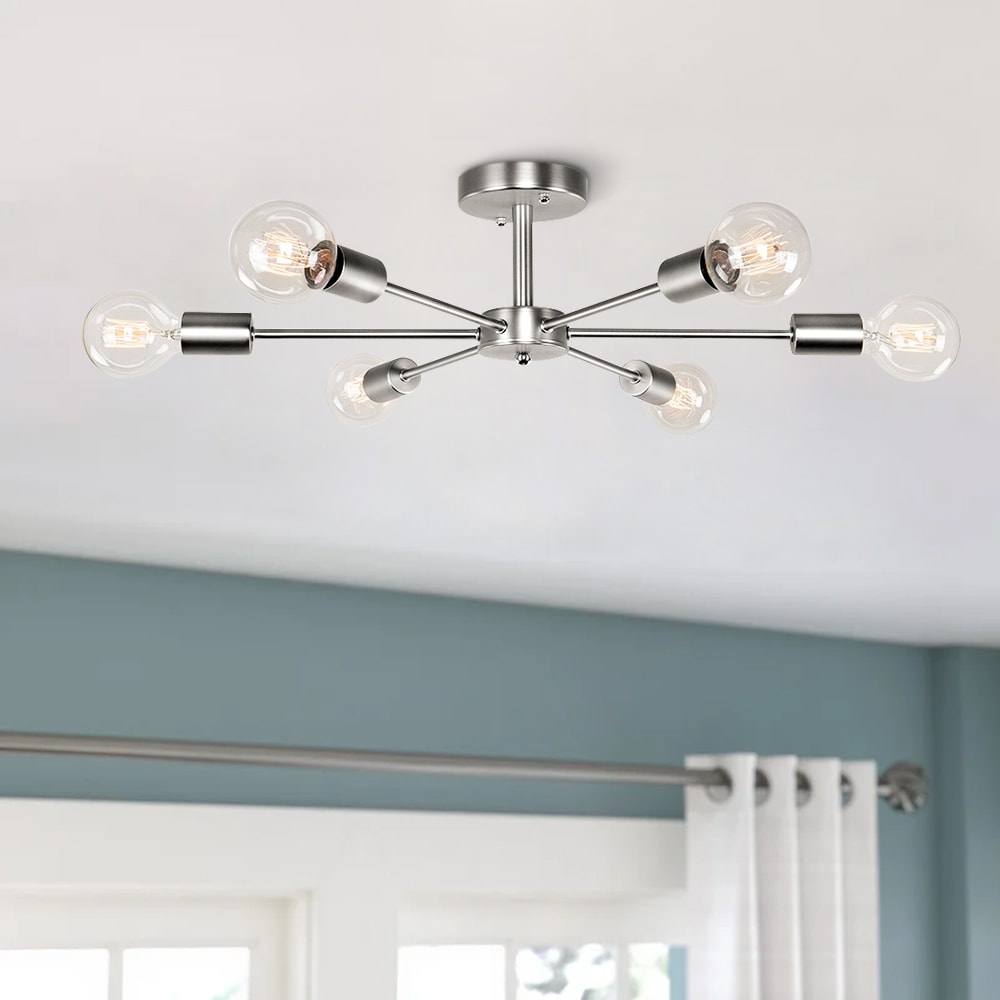 Plafonnier semi-encastré linéaire Sputnik industriel moderne à 6 lampes, à intensité variable