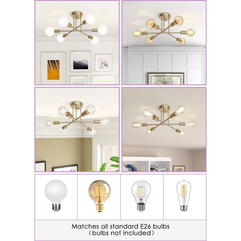 Plafonnier semi-encastré moderne industriel linéaire à 6 lumières de style branche Spoutnik