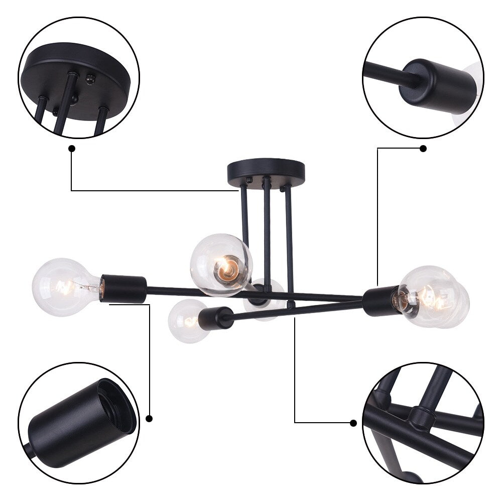 Plafonnier semi-encastré moderne industriel linéaire à 6 lumières de style branche Spoutnik