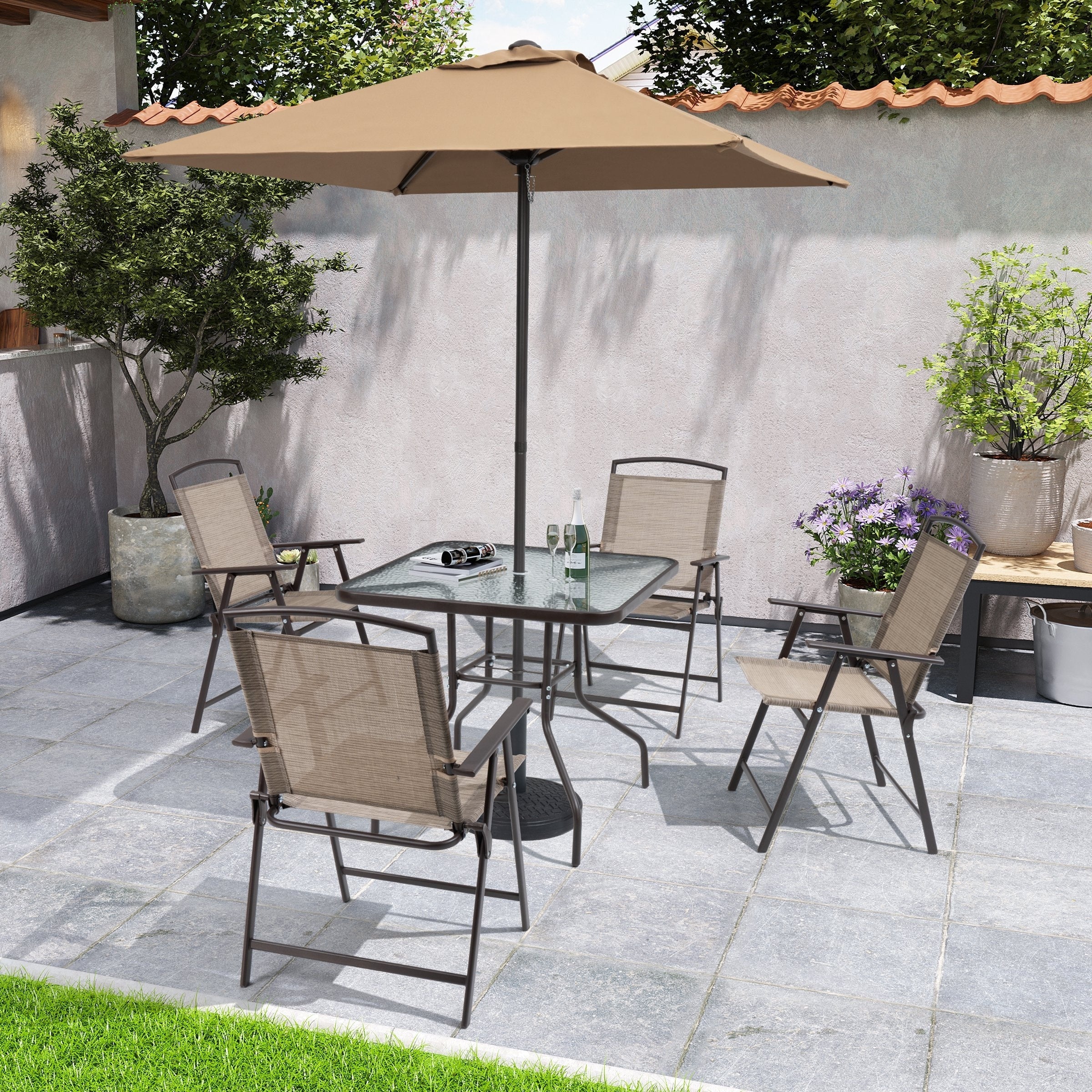 Ensemble de salle à manger d'extérieur 6 pièces avec 4 chaises pliantes, table en verre et parasol sans base - Voir les détails