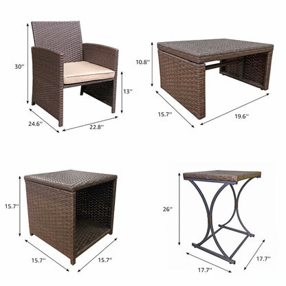 Ensemble de conversation en osier 6 pièces pour patio avec pouf et table d'appoint