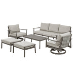 Ensemble de salon de jardin en aluminium pour 6 personnes avec 2 chaises pivotantes, un canapé d'extérieur 3 places et une table basse