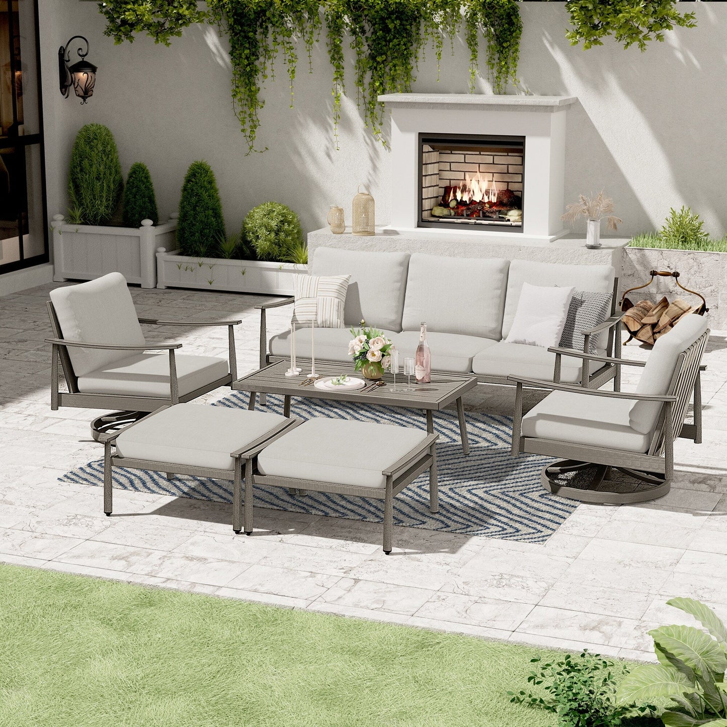 Ensemble de salon de jardin en aluminium pour 6 personnes avec 2 chaises pivotantes, un canapé d'extérieur 3 places et une table basse