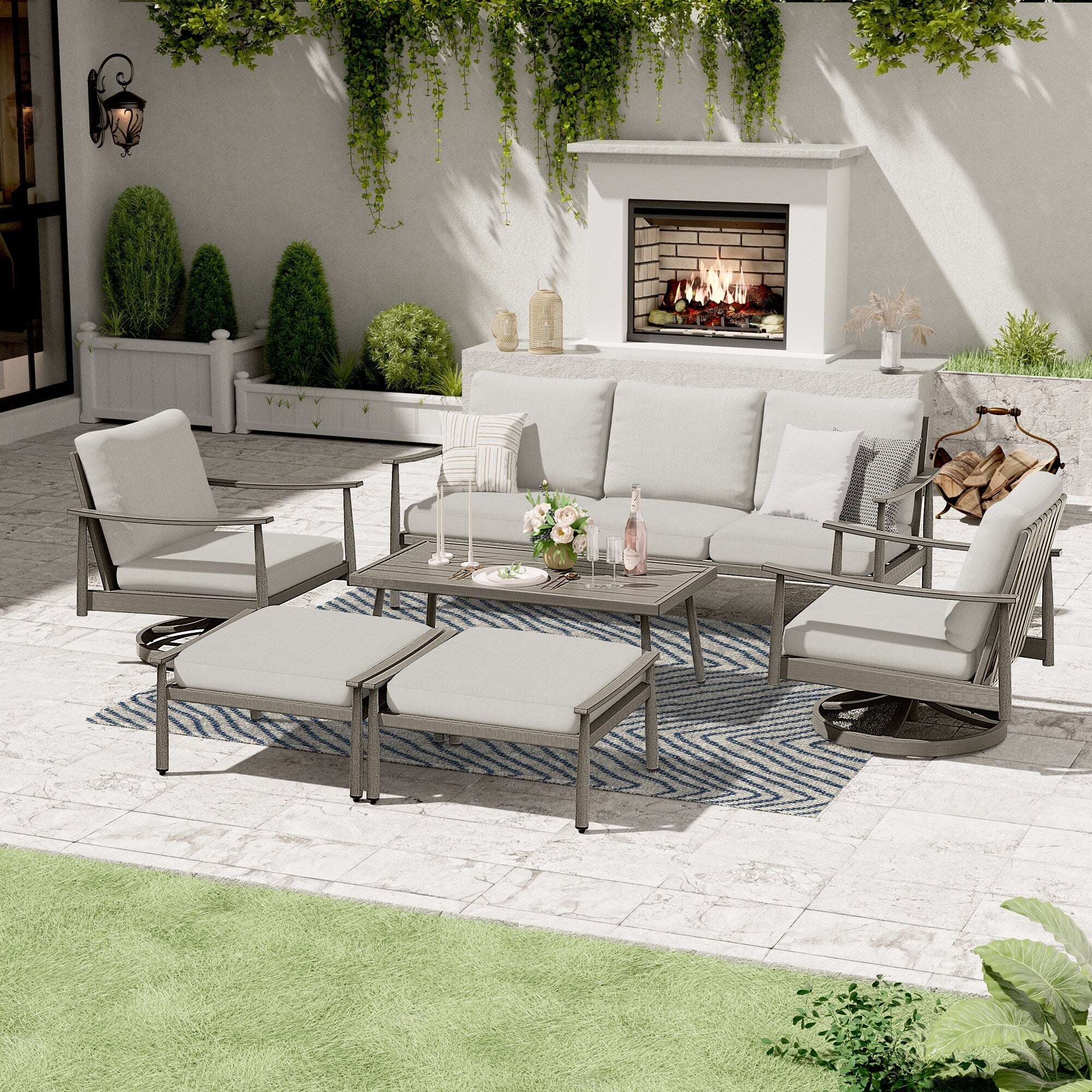 Ensemble de salon de jardin en aluminium pour 6 personnes avec 2 chaises pivotantes, un canapé d'extérieur 3 places et une table basse