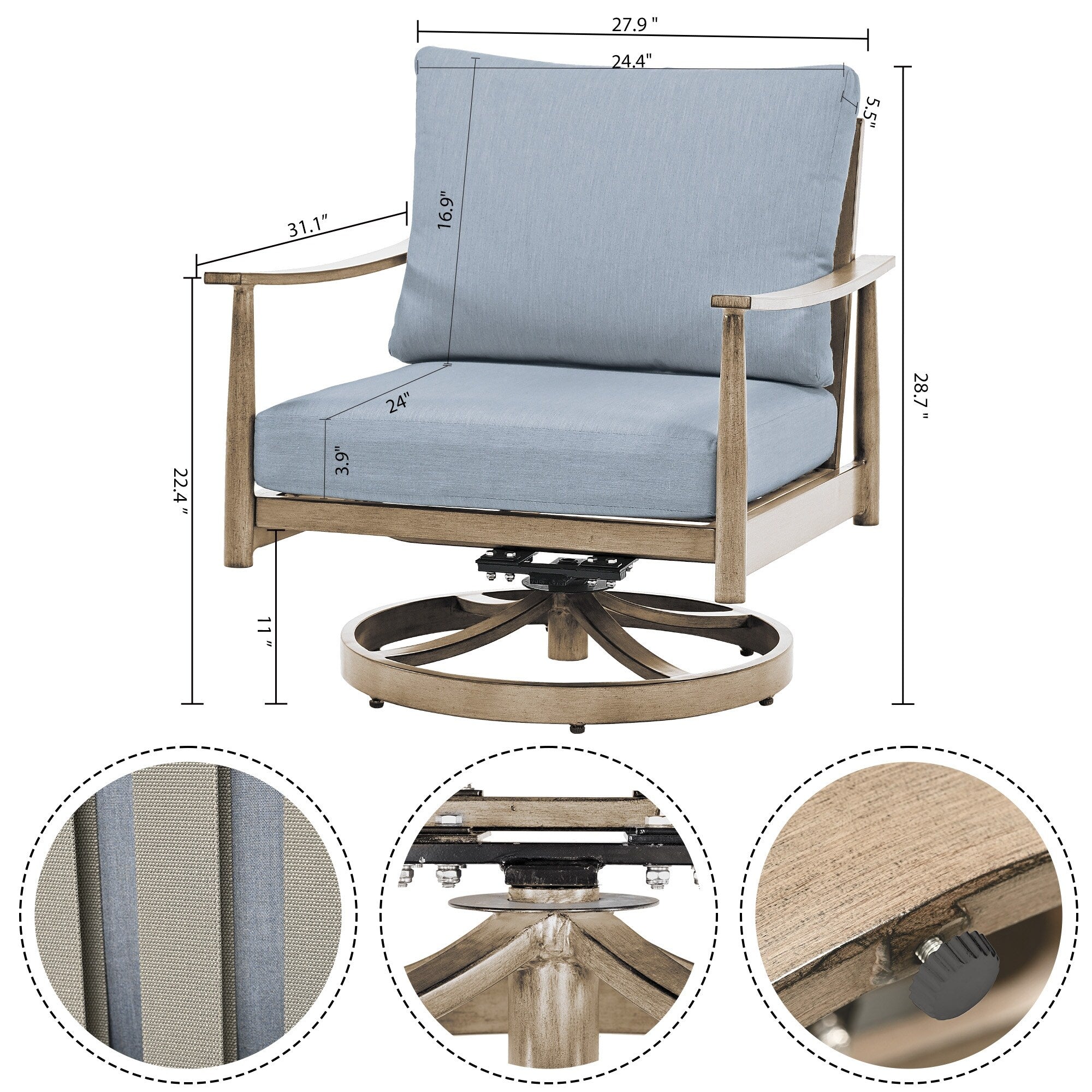 Ensemble de salon de jardin en aluminium pour 6 personnes avec 2 chaises pivotantes, un canapé d'extérieur 3 places et une table basse