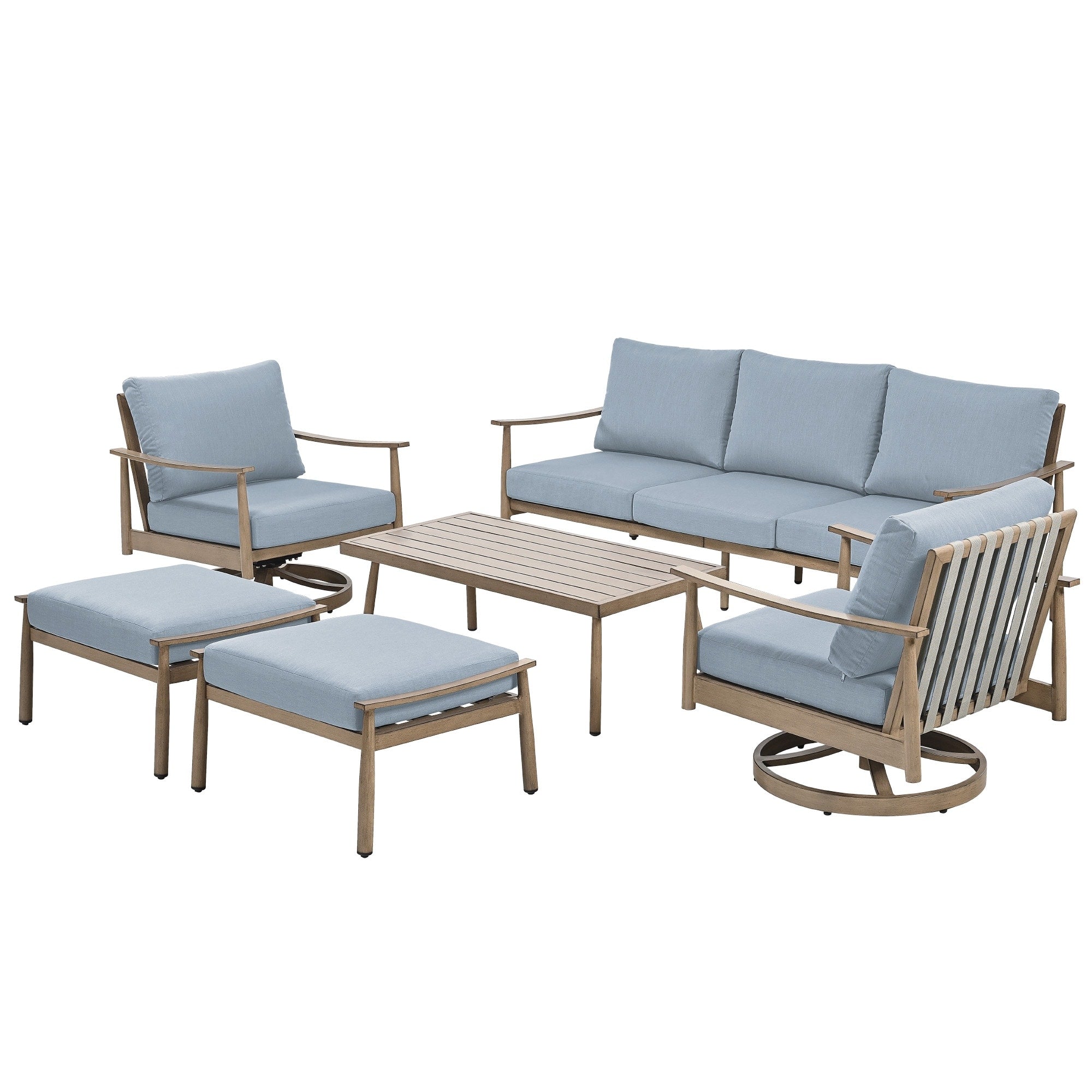 Ensemble de salon de jardin en aluminium pour 6 personnes avec 2 chaises pivotantes, un canapé d'extérieur 3 places et une table basse