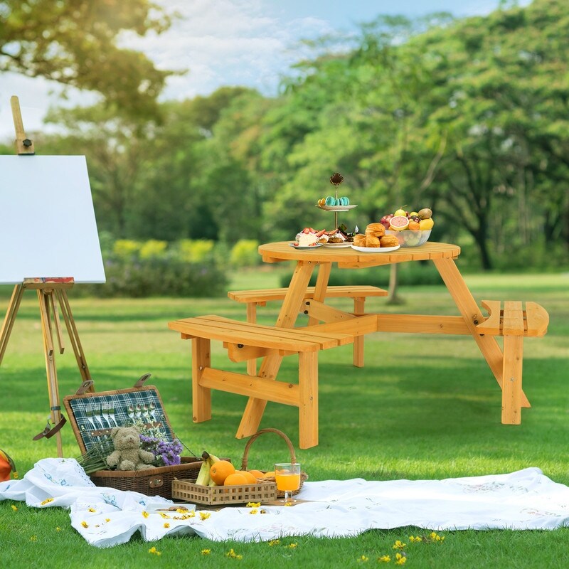 Table de pique-nique circulaire d'extérieur en bois pour 6 personnes avec 3 bancs intégrés