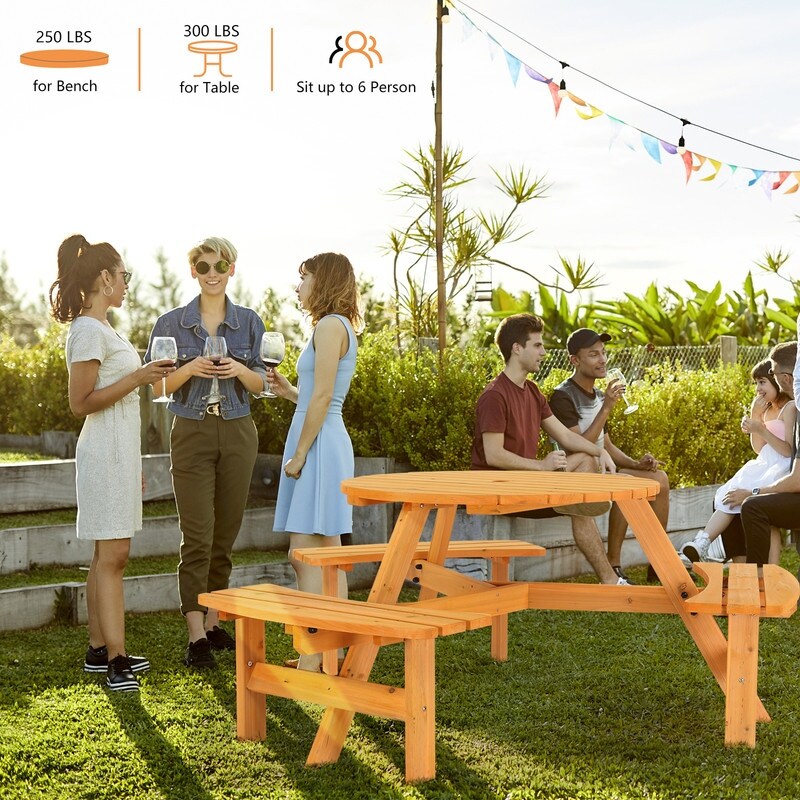 Table de pique-nique circulaire d'extérieur en bois pour 6 personnes avec 3 bancs intégrés