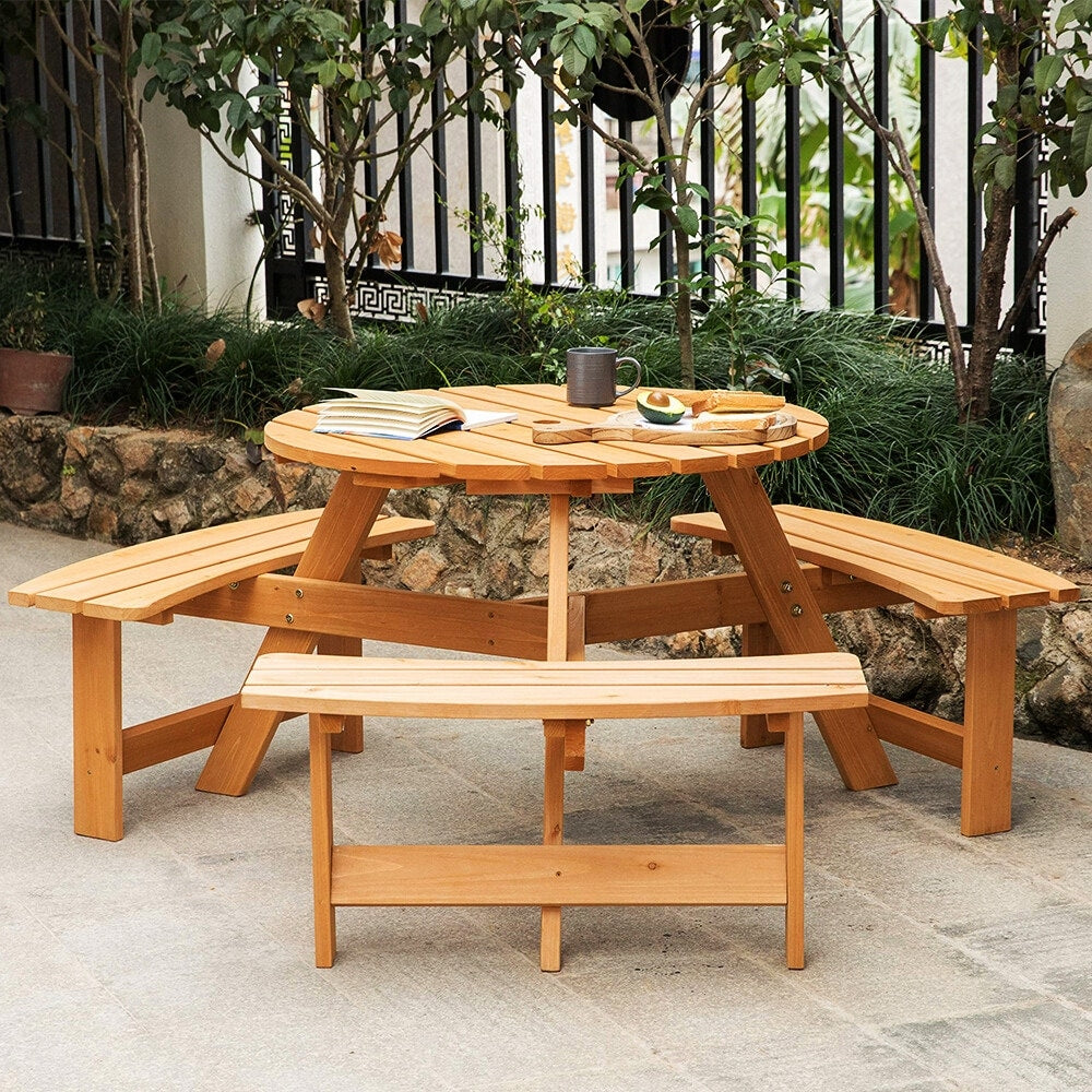 Ensemble de pique-nique d'extérieur en bois pour 6 personnes, table à manger avec bancs et trou pour parasol - 66,92 P x 66,92 l x 27,55 H (L x l x H)