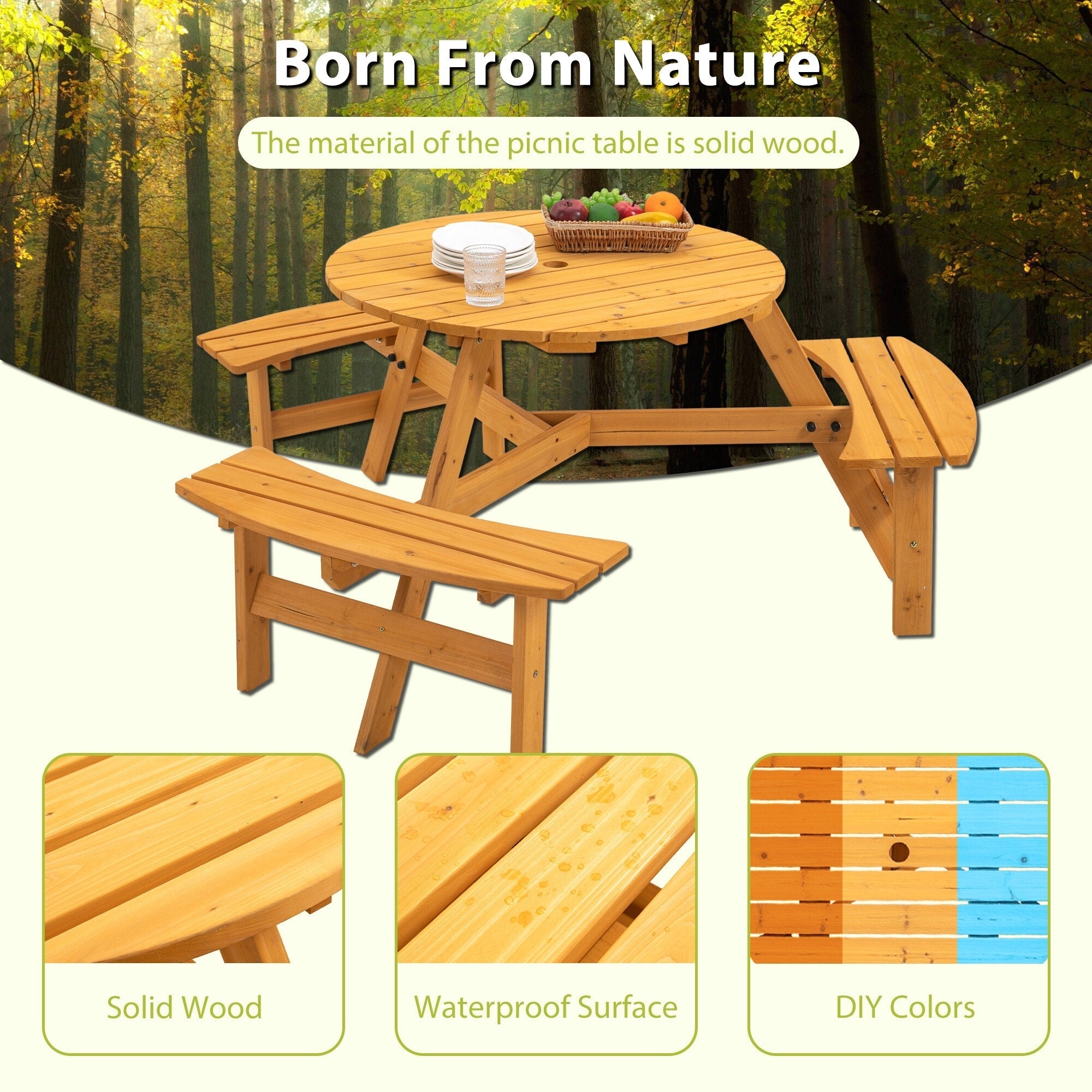 Ensemble de pique-nique d'extérieur en bois pour 6 personnes, table à manger avec bancs et trou pour parasol - 66,92 P x 66,92 l x 27,55 H (L x l x H)