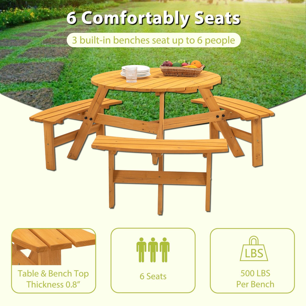 Ensemble de pique-nique d'extérieur en bois pour 6 personnes, table à manger avec bancs et trou pour parasol - 66,92 P x 66,92 l x 27,55 H (L x l x H)