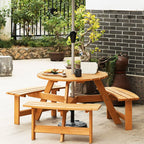 Ensemble de pique-nique d'extérieur en bois pour 6 personnes, table à manger avec bancs et trou pour parasol - 66,92 P x 66,92 l x 27,55 H (L x l x H)
